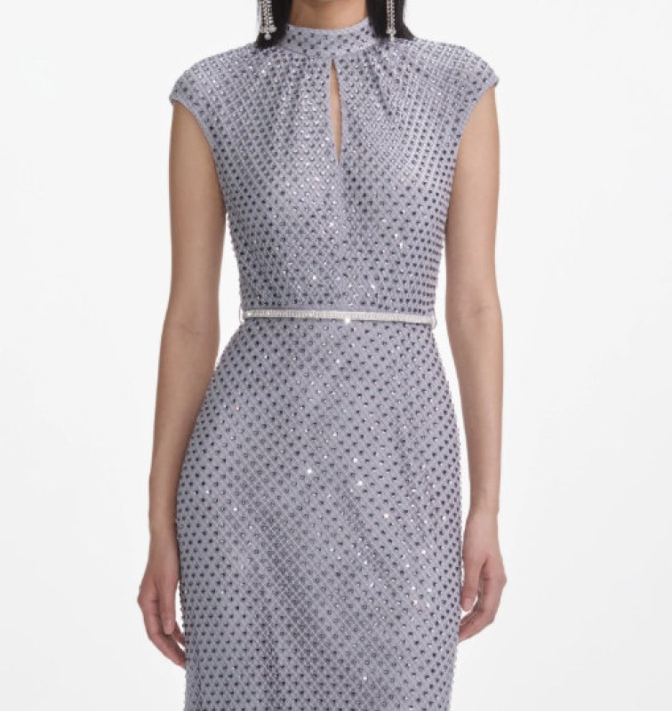 画像3: Self Portrait フィッシュネット ラインストーン ミディドレス｜グレー パーティードレス (3)
