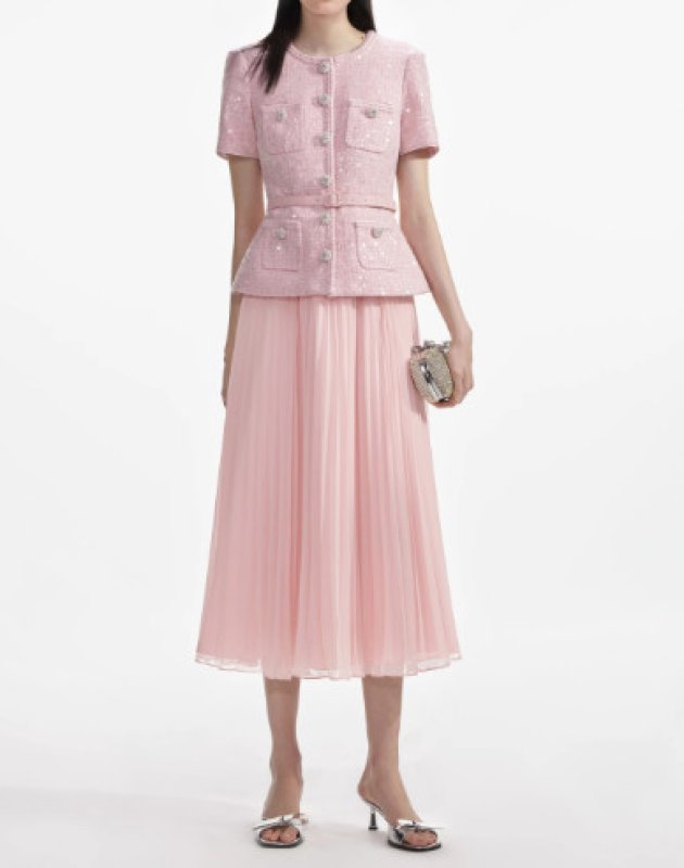 画像1: Self Portrait ピンクブークレ スパンコール ミディドレス｜エレガントパーティー・ホテルディナー向け (1)