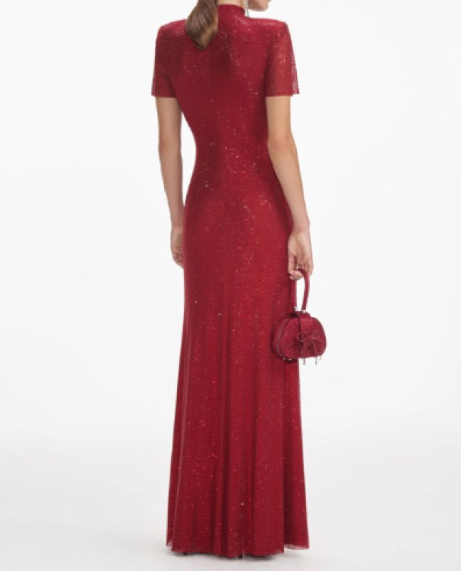 画像2: Self-Portrait ラインストーンメッシュ マキシドレス｜パーティー・演奏会向け レッド (2)