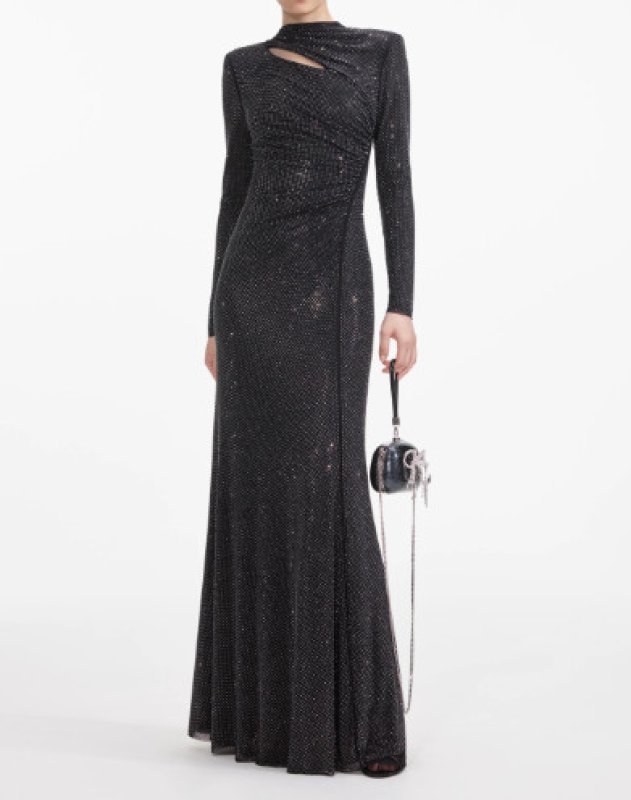 画像1: Self Portrait ラインストーンメッシュ カットアウト ロングドレス｜ブラック (1)