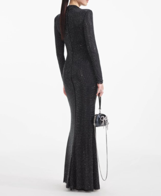 画像2: Self Portrait ラインストーンメッシュ カットアウト ロングドレス｜ブラック (2)