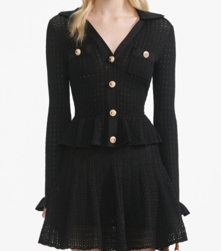 画像3: Self-Portrait Vネック ニットミニドレス｜ポインテール編み ブラック パーティー対応 (3)