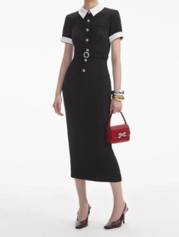 画像1: Self Portrait ブラック クレープ コントラスト ミディドレス｜上品エレガンス・パーティードレス (1)
