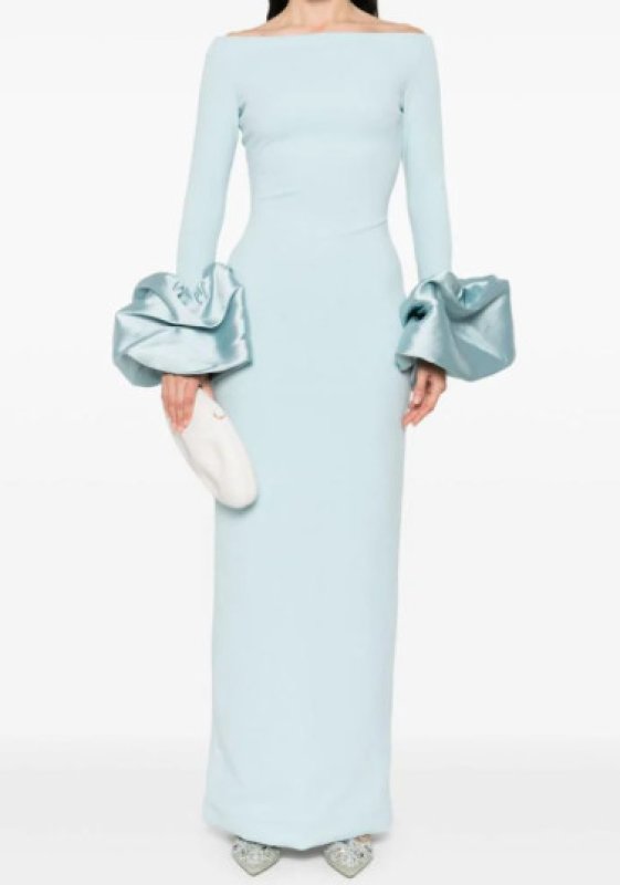 画像2: Solace London オフショルダー ロングドレス｜ラッフルスリーブ ガウン｜ブルー (2)