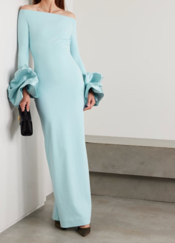 画像1: Solace London オフショルダー ロングドレス｜ラッフルスリーブ ガウン｜ブルー (1)