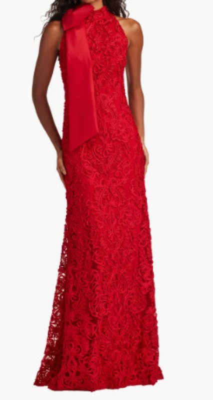 画像1: Tadashi Shoji タダシショージ   Iria Shoulder Bow Lace Halter Gown レッド (1)