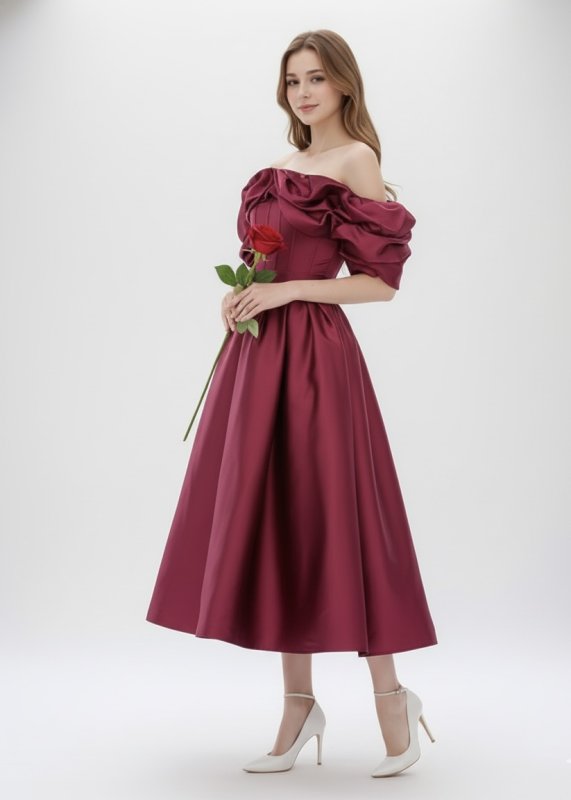 画像1: Mac Duggal オフショルダー ティーレングスドレス｜ボリュームスリーブ・ワインレッド (1)