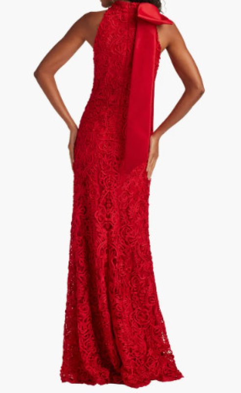 画像2: Tadashi Shoji タダシショージ   Iria Shoulder Bow Lace Halter Gown レッド (2)