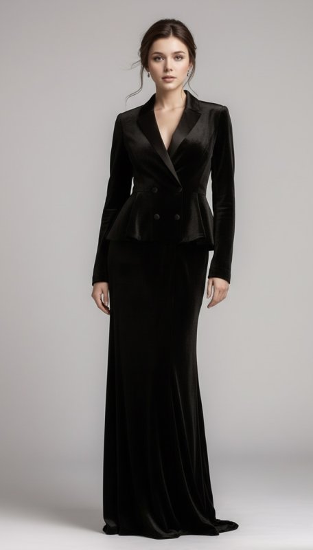 画像1: 即発！【宮本茉由さん衣装協力、山本舞香さん着用】Tadashi Shoji  タダシショージ 　GILLES ベルベット ペプラム タキシードガウン ブラック（ロングドレス）  31102 (1)
