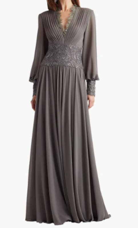画像1: Tadashi Shoji タダシショージ  Mariela Embellished Blouson-Sleeve Gown グレー系 (1)