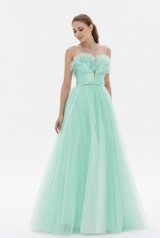 画像1: セール！Mac Duggal マックドゥガル｜ストラップレス グリッターチュール ロングドレス（アクア） (1)