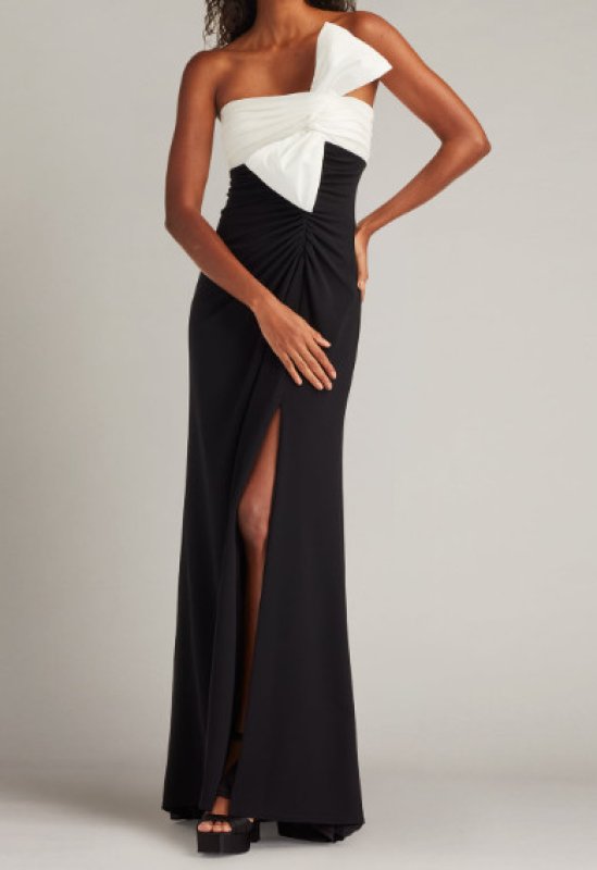 画像1: Tadashi Shoji Kaliko ツイストボウ ワンショルダーロングドレス ブラック×ホワイト (1)