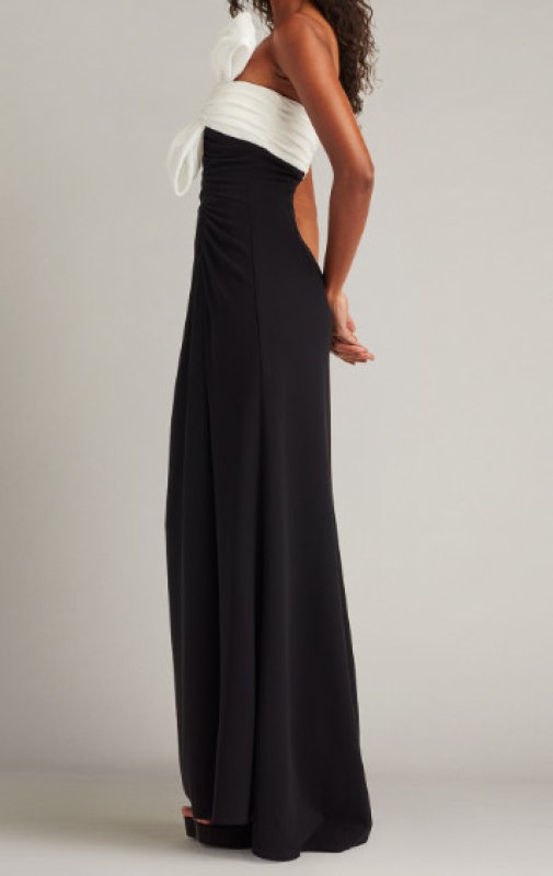 画像3: Tadashi Shoji Kaliko ツイストボウ ワンショルダーロングドレス ブラック×ホワイト (3)