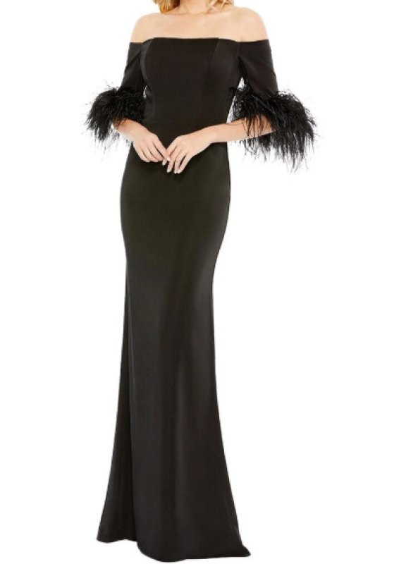 画像1: Mac Duggal マックドゥガル フェザートリム コラムロングドレス｜ブラック イブニングガウン (1)