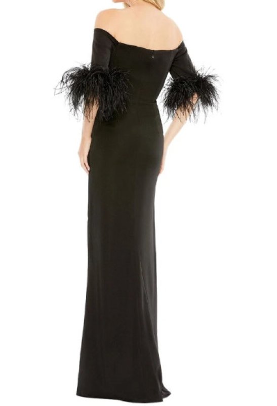 画像2: Mac Duggal マックドゥガル フェザートリム コラムロングドレス｜ブラック イブニングガウン (2)