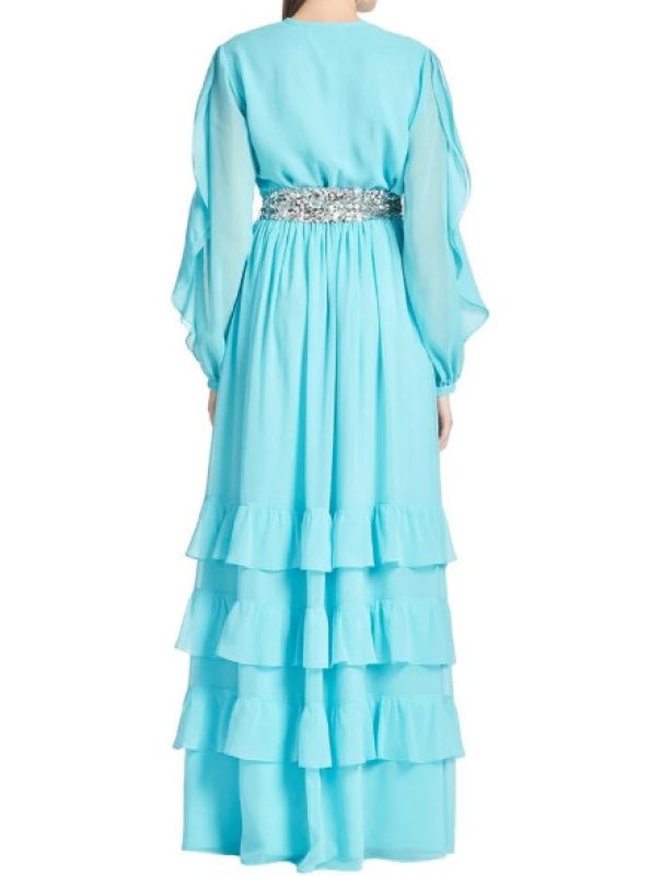 画像3: Sachin & Babi Venus Gown ブルー｜ビジューサッシュ付き シフォン フリル ロングドレス (3)