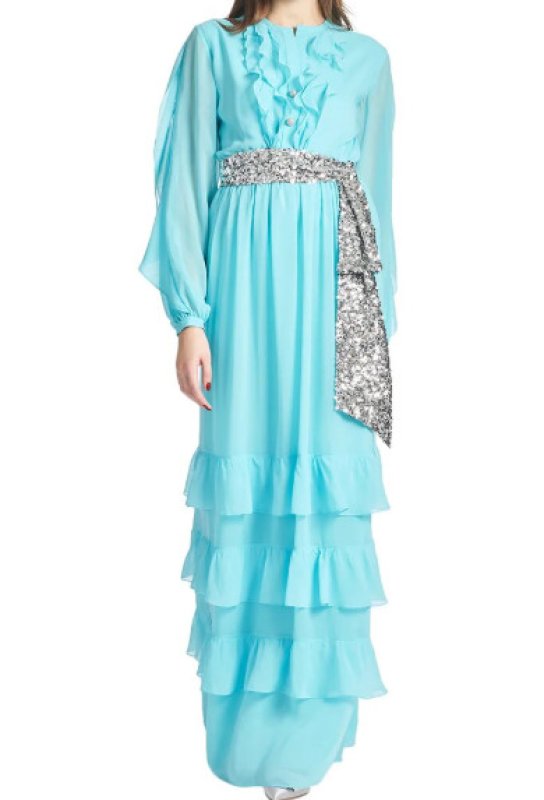 画像1: Sachin & Babi Venus Gown ブルー｜ビジューサッシュ付き シフォン フリル ロングドレス (1)