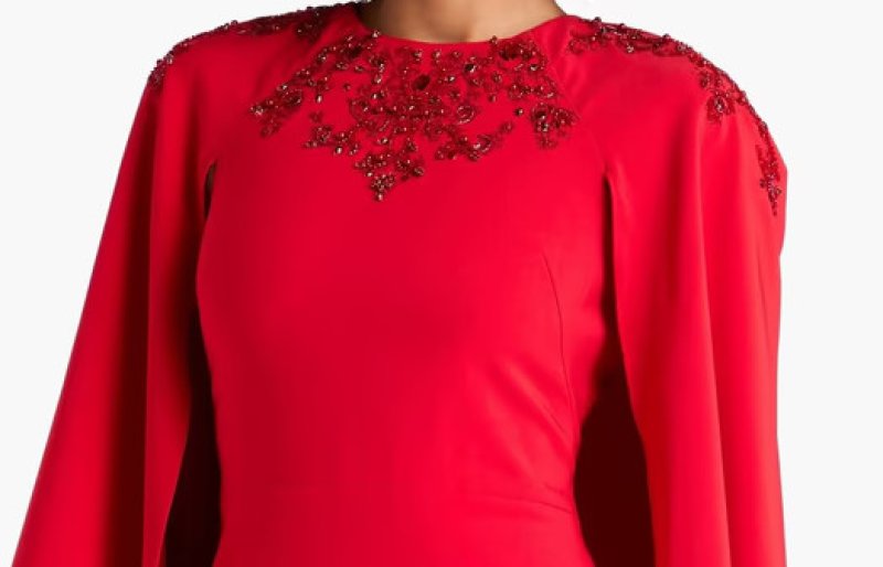 画像5: 2/1までセール！Marchesa Notte ケープスリーブ ビジュー ロングドレス レッド (5)