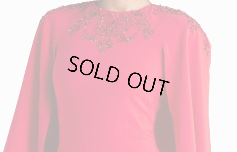 画像5: セール！Marchesa Notte ケープスリーブ ビジュー ロングドレス レッド (5)