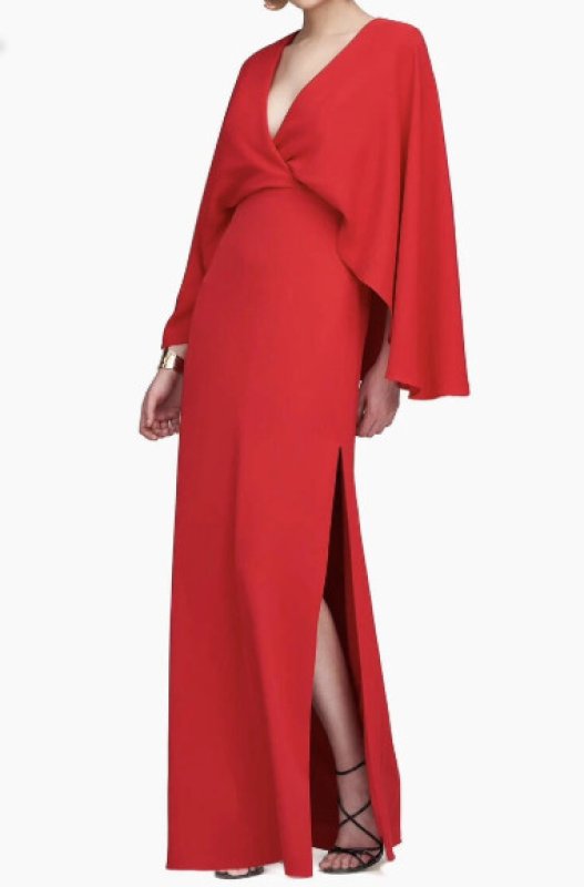 画像1: HALSTON Olaya ケープスリーブ ロングドレス｜エレガント レッドガウン (1)