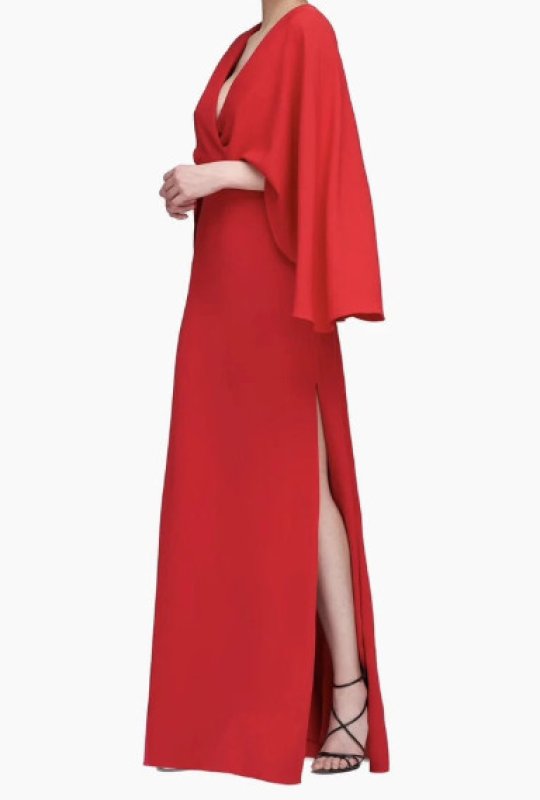 画像4: HALSTON Olaya ケープスリーブ ロングドレス｜エレガント レッドガウン (4)