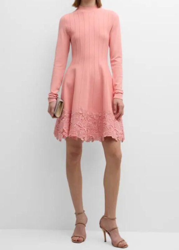 画像1: Lela Rose Georgia Dress｜レラローズ レース裾ニットフレアドレス ピンク (1)