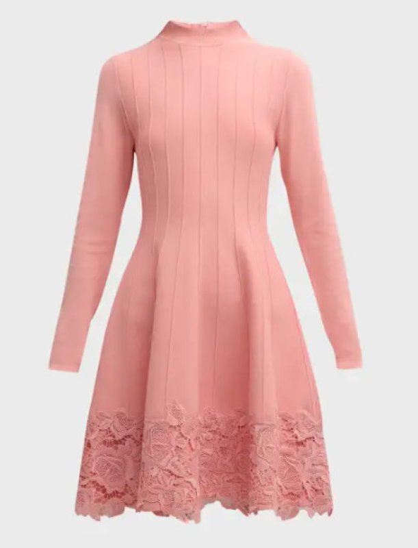 画像4: Lela Rose Georgia Dress｜レラローズ レース裾ニットフレアドレス ピンク (4)