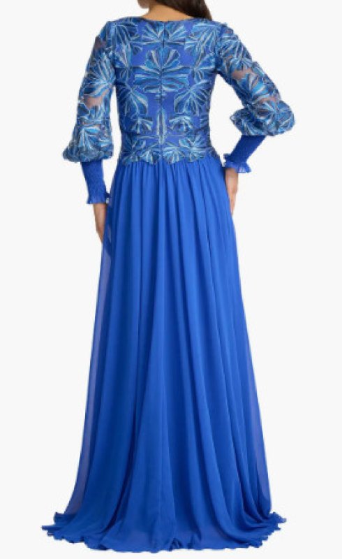 画像2: Tadashi Shoji タダシショージ Dansby 刺繍 ビショップスリーブ ロングドレス（ブルー） (2)