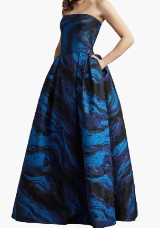 画像1: Tadashi Shoji タダシショージ Valora ストラップレス ジャカード ボールガウン ネイビー、ブルー (1)