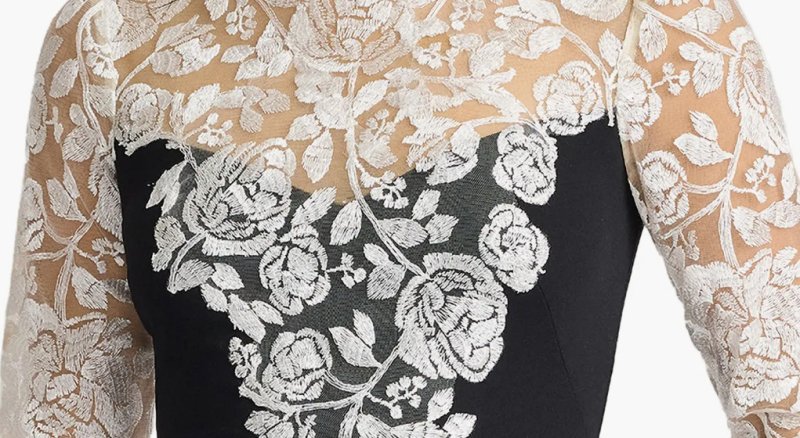 画像4: Tadashi Shoji タダシショージ  Kalico 刺繍 イリュージョン ロングドレス（ブラック×ホワイト） (4)