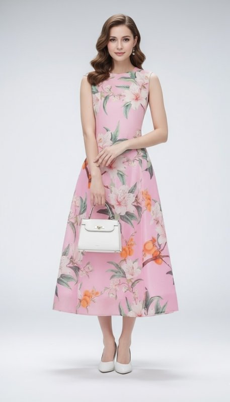 画像1: Leo Lin（レオリン）Cleo フローラル リネンブレンド ミディドレス　ピンク｜花柄ドレス (1)