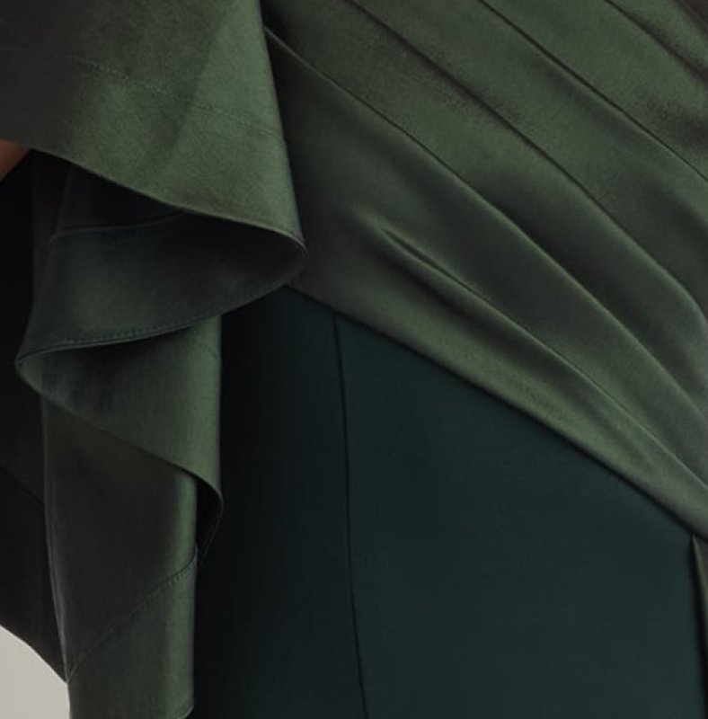 画像4:  Tadashi Shoji  タダシショージ Santa Fe ドレープワンショルダー ロングドレス　グリーン系 (4)