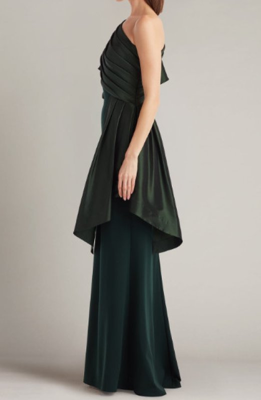 画像3:  Tadashi Shoji  タダシショージ Santa Fe ドレープワンショルダー ロングドレス　グリーン系 (3)