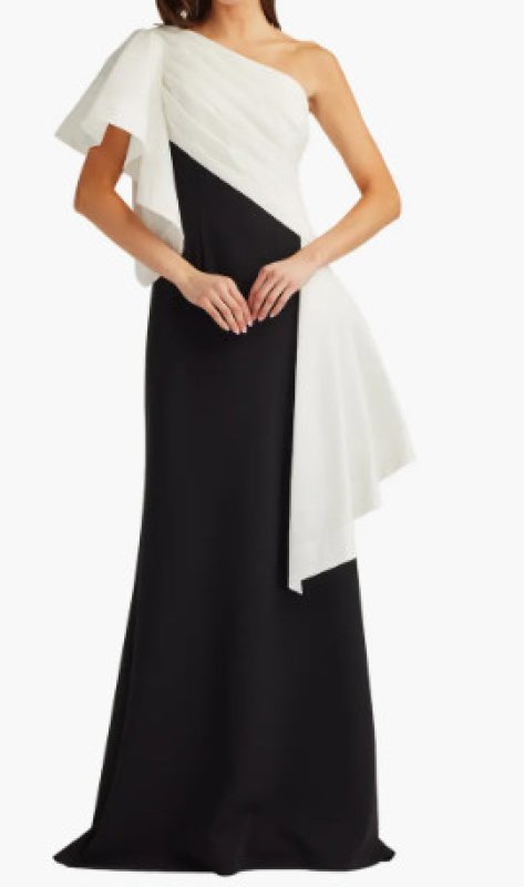 画像1:  Tadashi Shoji  タダシショージ Santa Fe ドレープワンショルダー ロングドレス（ホワイト、ブラック） (1)