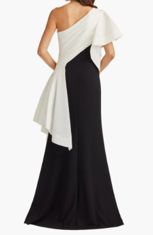 画像2:  Tadashi Shoji  タダシショージ Santa Fe ドレープワンショルダー ロングドレス（ホワイト、ブラック） (2)