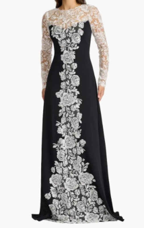 画像1: Tadashi Shoji タダシショージ  Kalico 刺繍 イリュージョン ロングドレス（ブラック×ホワイト） (1)
