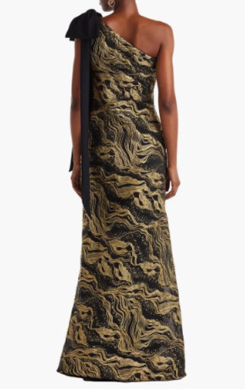 画像2: Tadashi Shoji タダシショージ  Shariza リボン ワンショルダー ロングドレス ブラック、ゴールド系 (2)