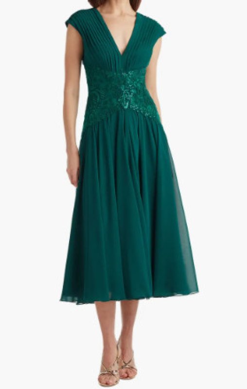 画像1: Tadashi Shoji タダシショージ　Nerina 装飾 Vネック ミディドレス　グリーン (1)