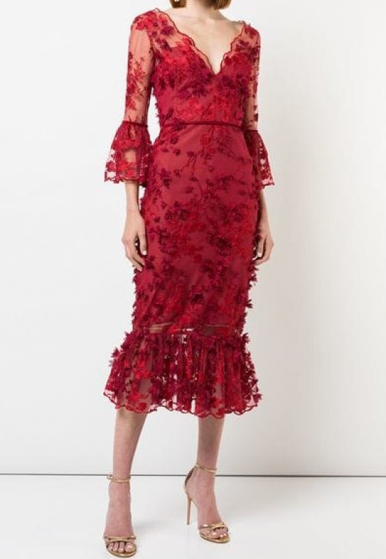画像1: 【橋本環奈さん着用】Marchesa Notte マルケッサノッテ　EMBROIDERED 3D FLOWER MERMAID MIDI DRESS  レッド系 (1)