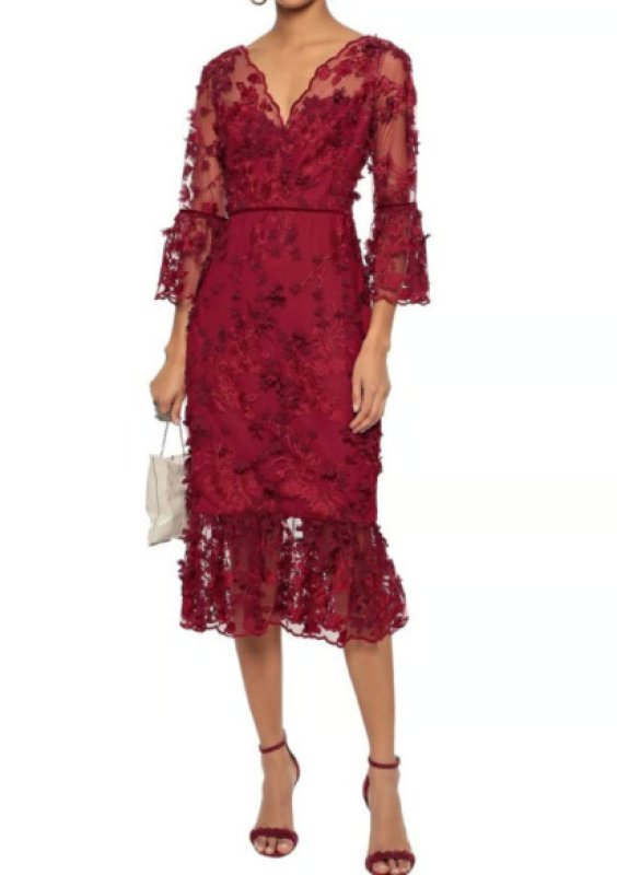 画像2: 【橋本環奈さん着用】Marchesa Notte マルケッサノッテ　EMBROIDERED 3D FLOWER MERMAID MIDI DRESS  レッド系 (2)