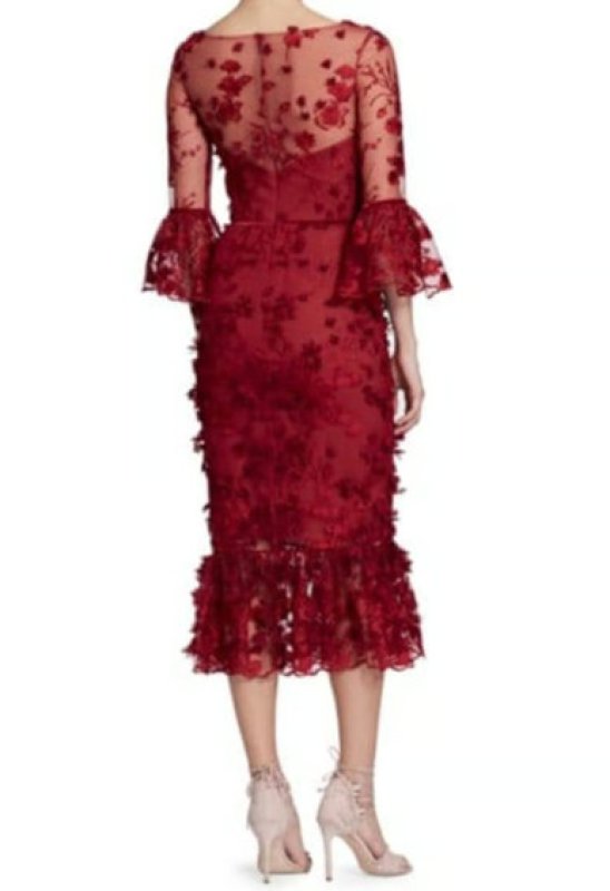 画像3: 【橋本環奈さん着用】Marchesa Notte マルケッサノッテ　EMBROIDERED 3D FLOWER MERMAID MIDI DRESS  レッド系 (3)