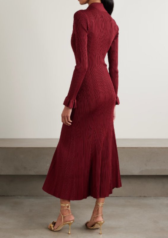 画像2: 【テレビ使用】Self-Portrait セルフポートレート Ribbed Knit Midi Dress バーガンディー (2)