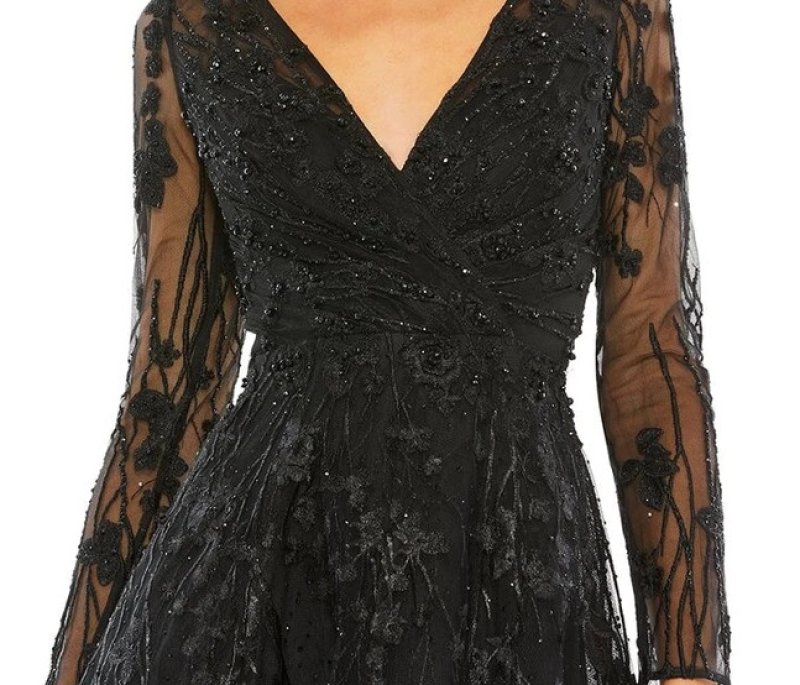 画像3: Mac Duggal ブラック フローラルレース ビジュー装飾 ロングスリーブ ミディドレス (3)