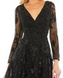 画像4: Mac Duggal ブラック フローラルレース ビジュー装飾 ロングスリーブ ミディドレス (4)