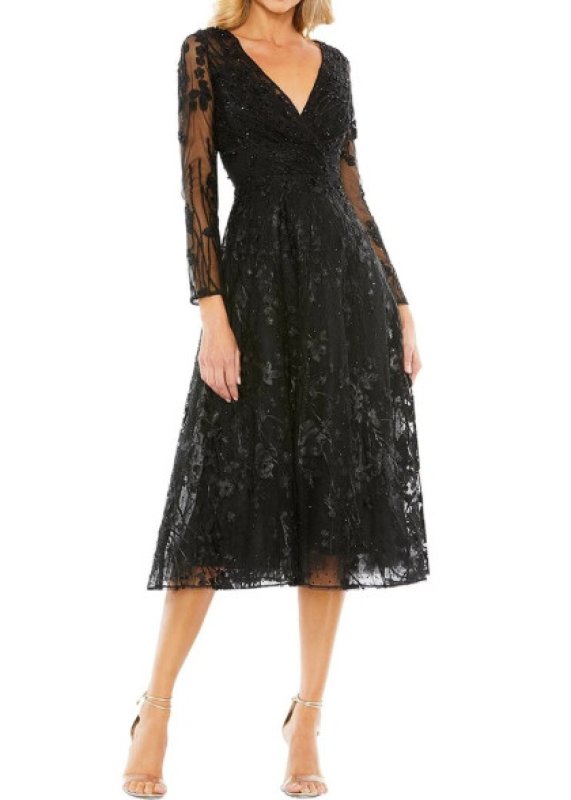 画像1: Mac Duggal ブラック フローラルレース ビジュー装飾 ロングスリーブ ミディドレス (1)