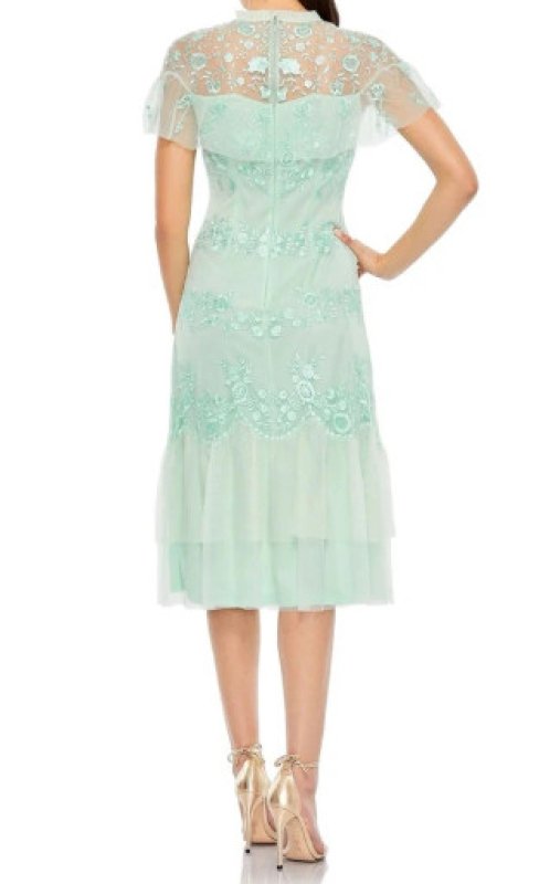 画像2: Mac Duggal ミントグリーン フローラル刺繍 ラッフルキャップスリーブ ミディドレス (2)