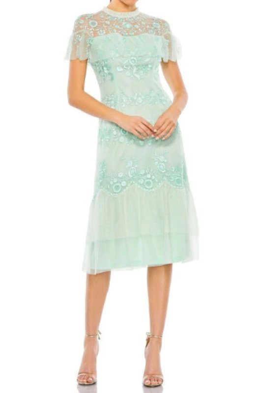画像1: Mac Duggal ミントグリーン フローラル刺繍 ラッフルキャップスリーブ ミディドレス (1)