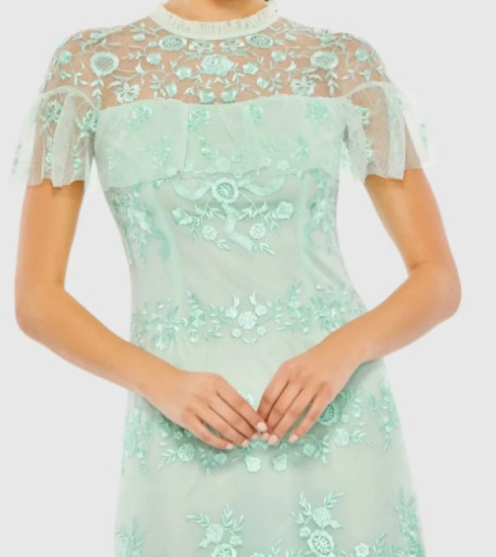 画像3: Mac Duggal ミントグリーン フローラル刺繍 ラッフルキャップスリーブ ミディドレス (3)