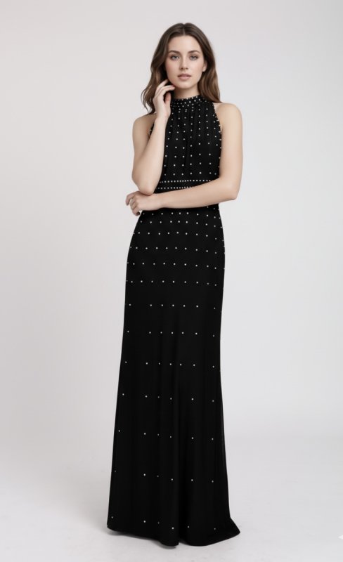 画像1: 【衣装協力】Tadashi Shoji タダシショージ   イブニングドレス　ハイネックスタッズロングドレス ブラック (1)