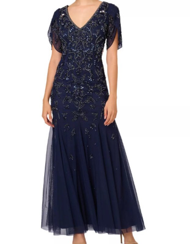 画像5: Adrianna Papell アドリアナパペル　ビーズ刺繍 ペタルスリーブ マーメイド ロングドレス（ネイビー (5)